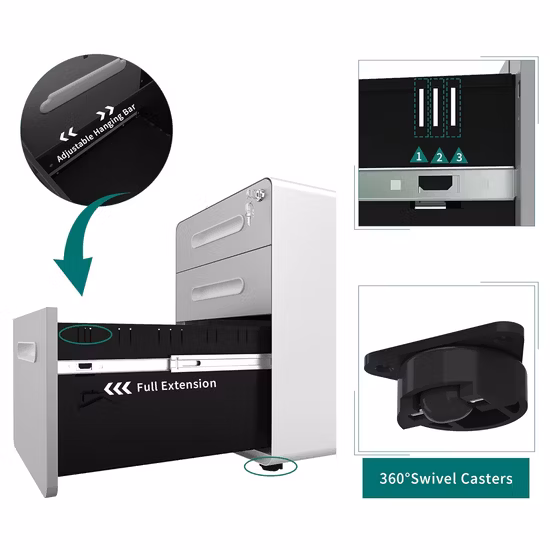 Armário de arquivo móvel com ângulo de arco de 3 gavetas com trava e rodízios