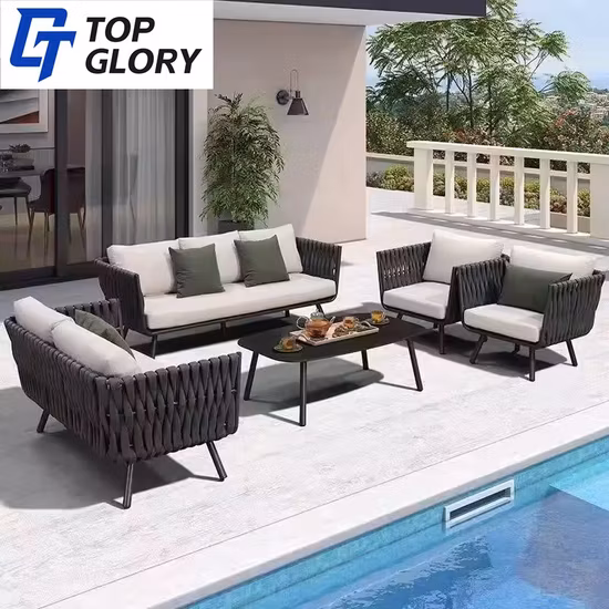 Conjunto de sofás de corda de alumínio para jardim de hotel de luxo, móveis externos com mesa